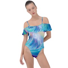 Waves Ocean Sea Tsunami Nautical Nature Water Frill Detail One Piece Swimsuit