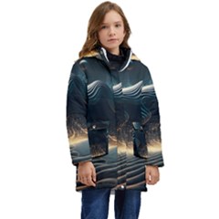 Ai Generated Swirl Space Design Fractal Light Kid s Hooded Longline Puffer Jacket