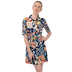 Exquisite Watercolor Flowers And Foliage Belted Shirt Dress by GardenOfOphir