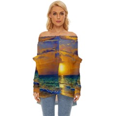 Nature Sunset Off Shoulder Chiffon Pocket Shirt