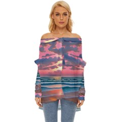 Sunset Over The Beach Off Shoulder Chiffon Pocket Shirt