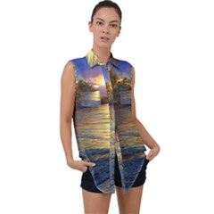 Sunset At The Surf Sleeveless Chiffon Button Shirt