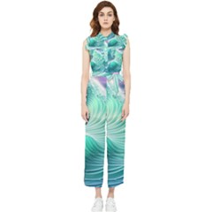 Pink Sky Blue Ocean Waves Women s Frill Top Chiffon Jumpsuit