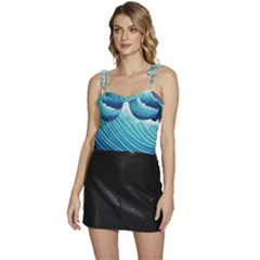 Simple Summer Wave Pattern Flowy Camisole Tie Up Top
