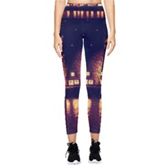 Night Houses River Bokeh Leaves Pocket Leggings 