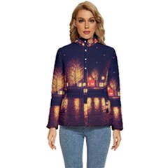 Night Houses River Bokeh Leaves Landscape Nature Women s Puffer Bubble Jacket Coat