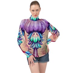 Psychedelic Mushroom For Sorcery And Theurgy High Neck Long Sleeve Chiffon Top