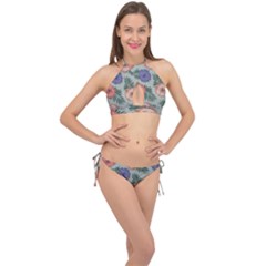 Flowers Petals Pattern Drawing Design Background Cross Front Halter Bikini Set