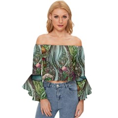 Craft Mushroom Off Shoulder Flutter Bell Sleeve Top by GardenOfOphir