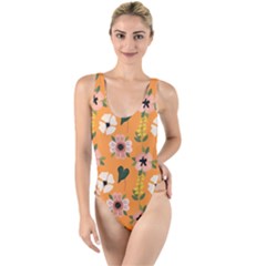 Flower Orange Pattern Floral High Leg Strappy Swimsuit by Dutashop