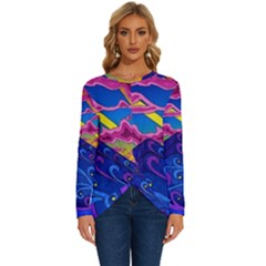 Psychedelic Colorful Lines Nature Mountain Trees Snowy Peak Moon Sun Rays Hill Road Artwork Stars Sk Long Sleeve Crew Neck Pullover Top