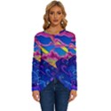 Psychedelic Colorful Lines Nature Mountain Trees Snowy Peak Moon Sun Rays Hill Road Artwork Stars Sk Long Sleeve Crew Neck Pullover Top View1