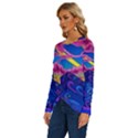 Psychedelic Colorful Lines Nature Mountain Trees Snowy Peak Moon Sun Rays Hill Road Artwork Stars Sk Long Sleeve Crew Neck Pullover Top View2