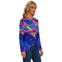 Psychedelic Colorful Lines Nature Mountain Trees Snowy Peak Moon Sun Rays Hill Road Artwork Stars Sk Long Sleeve Crew Neck Pullover Top View3