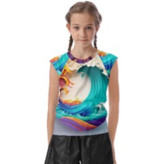 Tsunami Tidal Wave Wave Minimalist Ocean Sea 3 Kids  Raglan Cap Sleeve Tee
