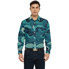 Waves Ocean Sea Abstract Whimsical Abstract Art Men s Long Sleeve Pocket Shirt 