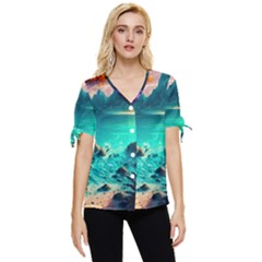 Tropical Paradise Beach Ocean Shore Sea Fantasy Bow Sleeve Button Up Top