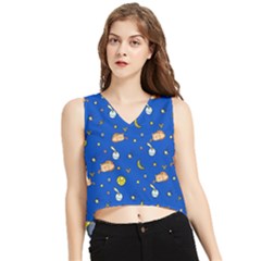 Cat Animals Sleep Stars Seamless Background V-neck Cropped Tank Top
