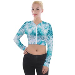 Tropical Blue Ocean Wave Long Sleeve Cropped Velvet Jacket