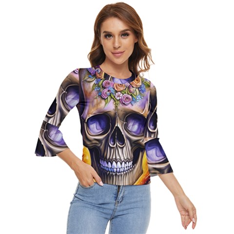 Skull With Flowers - Day Of The Dead Bell Sleeve Top by GardenOfOphir