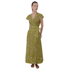 Leaves-014 Flutter Sleeve Maxi Dress