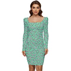 Leaves-015 Women Long Sleeve Ruched Stretch Jersey Dress