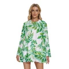 Leaves-37 Round Neck Long Sleeve Bohemian Style Chiffon Mini Dress