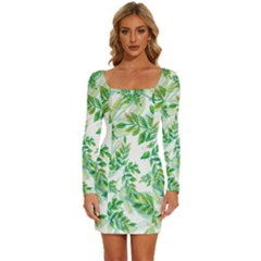 Leaves-37 Long Sleeve Square Neck Bodycon Velvet Dress