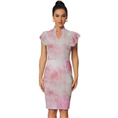 Pink-010 Vintage Frill Sleeve V-neck Bodycon Dress