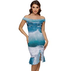 Waves Off Shoulder Ruffle Split Hem Bodycon Dress