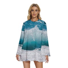 Waves Round Neck Long Sleeve Bohemian Style Chiffon Mini Dress