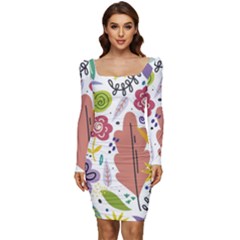 Flowers-101 Women Long Sleeve Ruched Stretch Jersey Dress