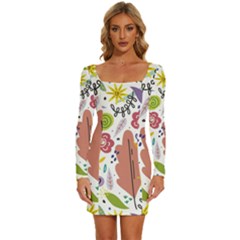 Flowers-101 Long Sleeve Square Neck Bodycon Velvet Dress