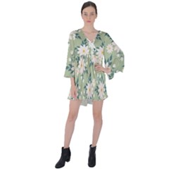 Flowers-108 V-neck Flare Sleeve Mini Dress