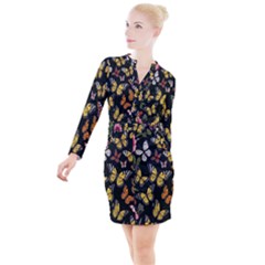 Flowers-109 Button Long Sleeve Dress