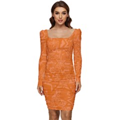 Orange-chaotic Women Long Sleeve Ruched Stretch Jersey Dress