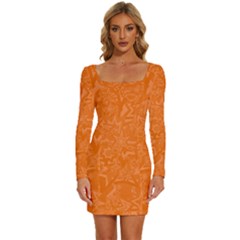 Orange-chaotic Long Sleeve Square Neck Bodycon Velvet Dress