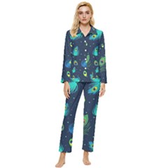 Blue Background Pattern Feather Peacock Womens  Long Sleeve Velvet Pocket Pajamas Set