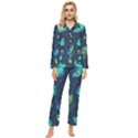 Blue Background Pattern Feather Peacock Womens  Long Sleeve Velvet Pocket Pajamas Set View1