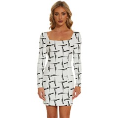 Precision Pursuit: Hunting Motif Black And White Pattern Long Sleeve Square Neck Bodycon Velvet Dress