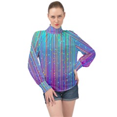 Blue Magenta Speckles Line High Neck Long Sleeve Chiffon Top