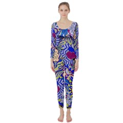 Blue Yellow Background Pattern Vector Texture Paisley Long Sleeve Catsuit