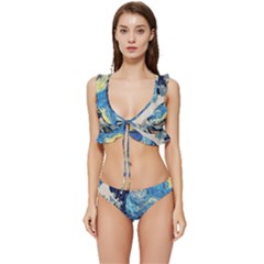 The Great Wave Of Kanagawa Painting Starry Night Van Gogh Low Cut Ruffle Edge Bikini Set