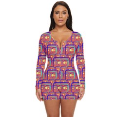 Pink Yellow Neon Squares - Modern Abstract Long Sleeve Boyleg Swimsuit