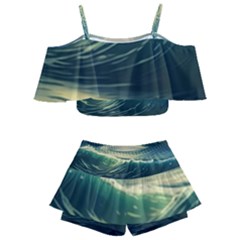 Ocean Sea Waves Tide Kids  Off Shoulder Skirt Bikini