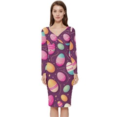 Easter Eggs Egg Long Sleeve V-neck Bodycon Dress 