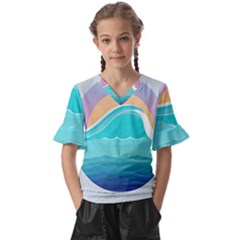 Tsunami Tidal Wave Wave Minimalist Ocean Sea Kids  V-neck Horn Sleeve Blouse