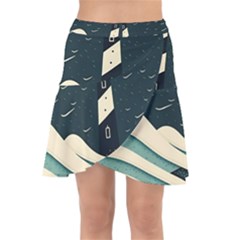 Lighthouse Abstract Ocean Sea Waves Water Blue Wrap Front Skirt
