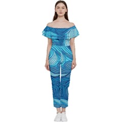 Ocean Waves Sea Abstract Pattern Water Blue Off Shoulder Ruffle Top Jumpsuit