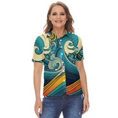 Waves Ocean Sea Abstract Whimsical Abstract Art 3 Women s Short Sleeve Double Pocket Shirt